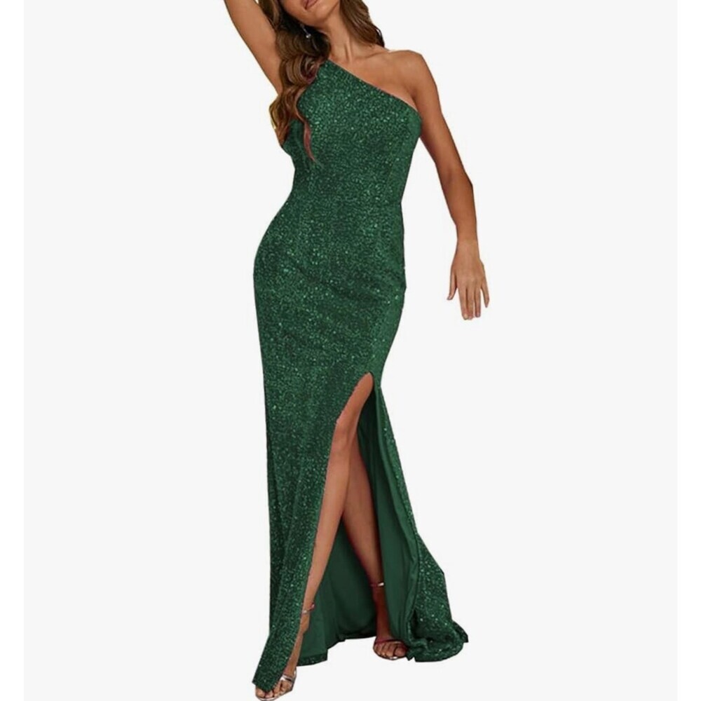 VENUS mermaid dress maxi sequined forest green one strap formal gown SZ 4